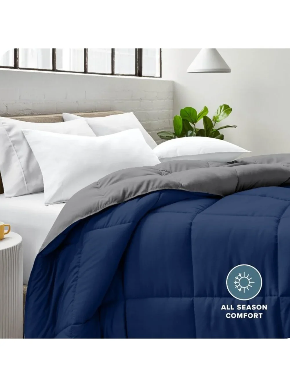 Oversized Reversible Queen Comforter Set - Dark Blue & Grey, Cozy Bedding